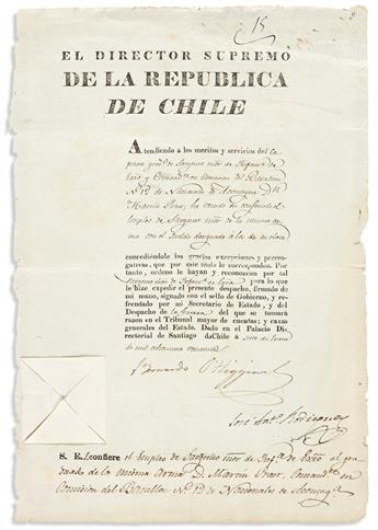 (SOUTH AMERICA.) OHIGGINS, BERNARDO. Partly-printed Document Signed, as Supreme Director, in Spanish,